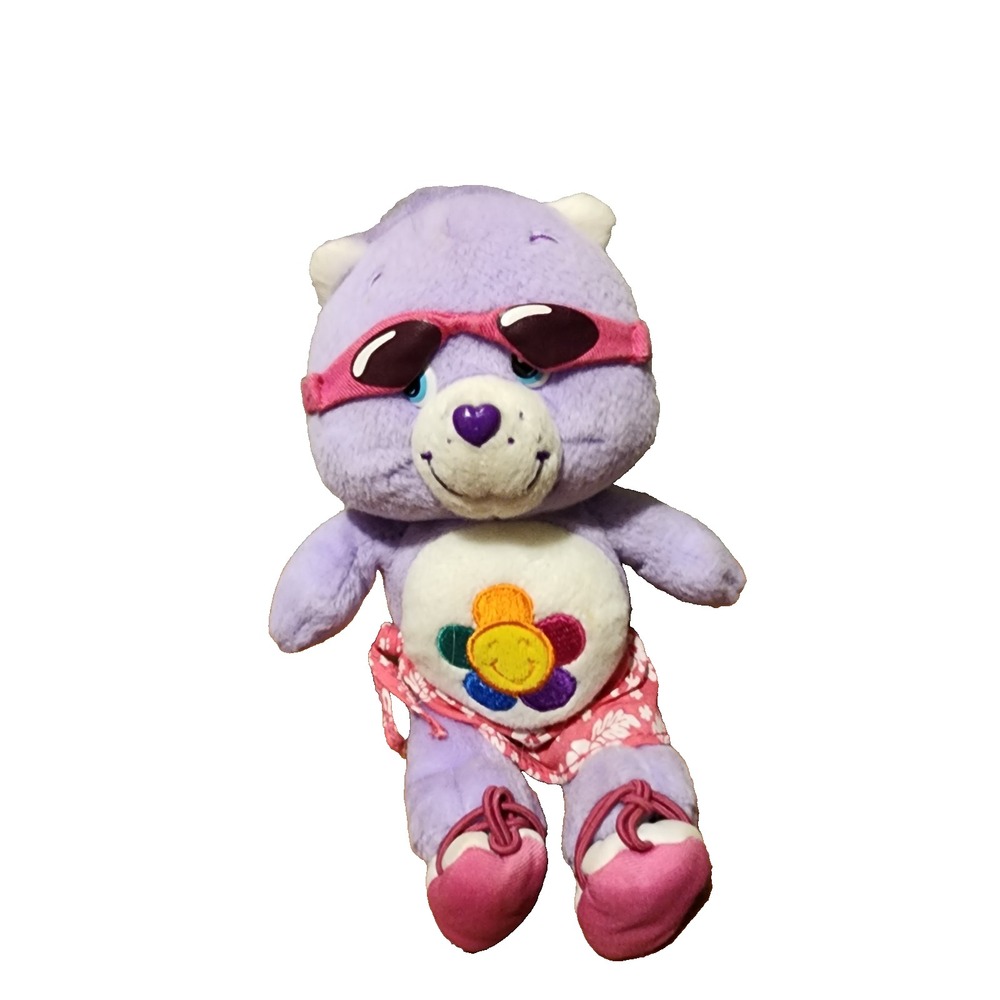 ☀️ CARE BEARS Harmony Bear Beach Party Sunglasses Purple Plush 8" Flower Stuffed